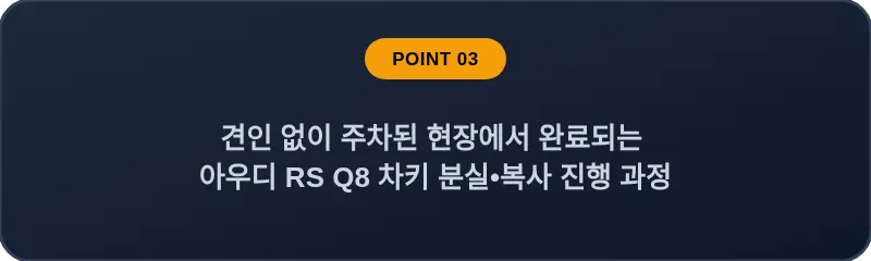 견인 없이 주차된 현장에서 완료되는 아우디 RS Q8 차키 분실, 스마트키 복사 진행 과정