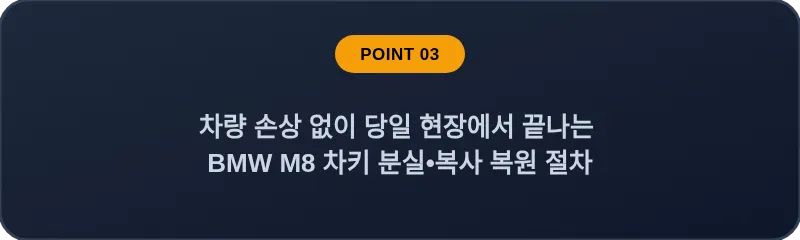 차량 손상 없이 당일 현장에서 끝나는 BMW M8 차키 분실, 스마트키 복사 복원 절차