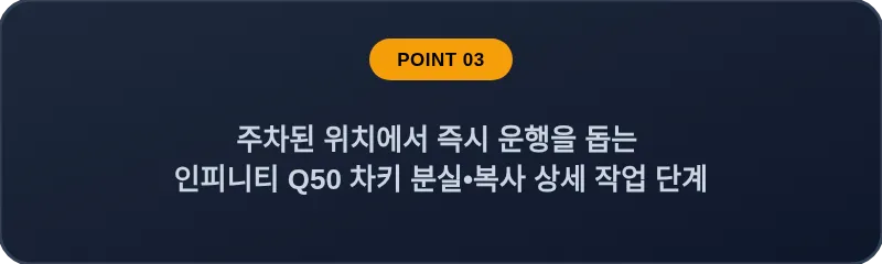 주차된 위치에서 즉시 운행을 돕는 인피니티 Q50 차키 분실•복사 상세 작업 단계