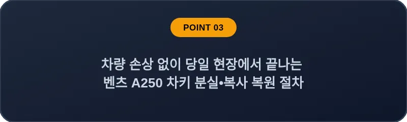 차량 손상 없이 당일 현장에서 끝나는 벤츠 A250 차키 분실•복사 복원 절차