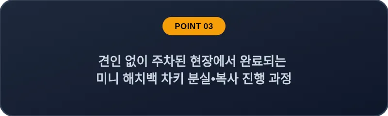 견인 없이 주차된 현장에서 완료되는 미니 해치백 차키 분실•복사 진행 과정