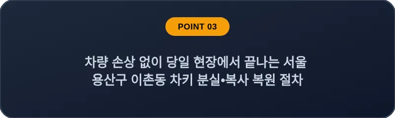 차량 손상 없이 당일 현장에서 끝나는 서울 용산구 이촌동 차키 분실•복사 복원 절차