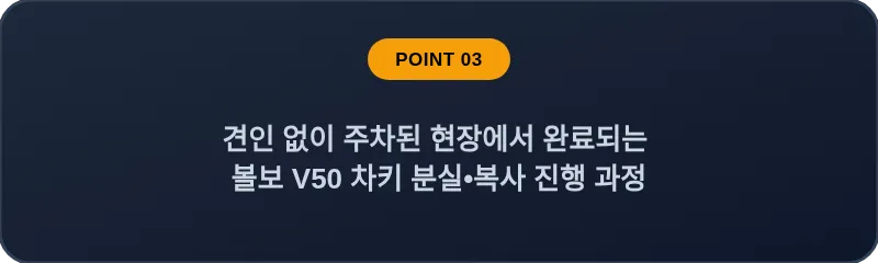 견인 없이 주차된 현장에서 완료되는 볼보 V50 차키 분실, 스마트키 복사 진행 과정
