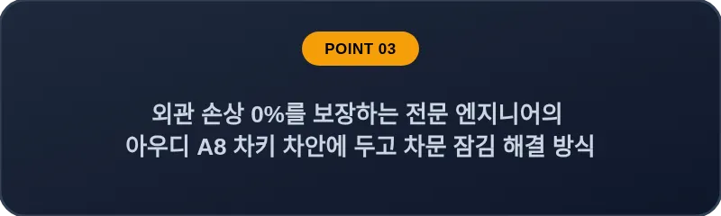 외관 손상 0%를 보장하는 전문 엔지니어의 아우디 A8 차키 차안에 두고 차문 잠김 해결 방식