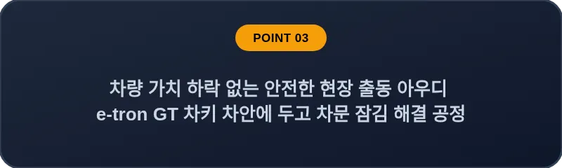 차량 가치 하락 없는 안전한 현장 출동 아우디 e-tron GT 차키 차안에 두고 차문 잠김 해결 공정