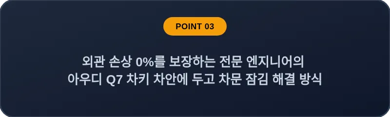 외관 손상 0%를 보장하는 전문 엔지니어의 아우디 Q7 차키 차안에 두고 차문 잠김 해결 방식