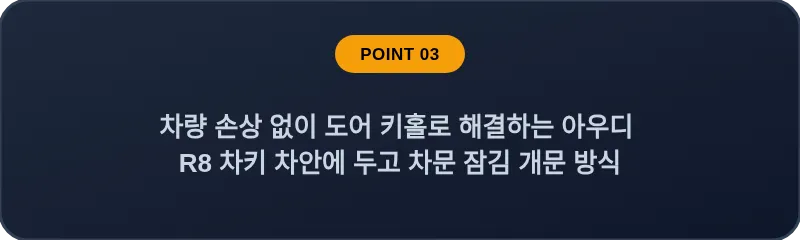차량 손상 없이 도어 키홀로 해결하는 아우디 R8 차키 차안에 두고 차문 잠김 개문 방식