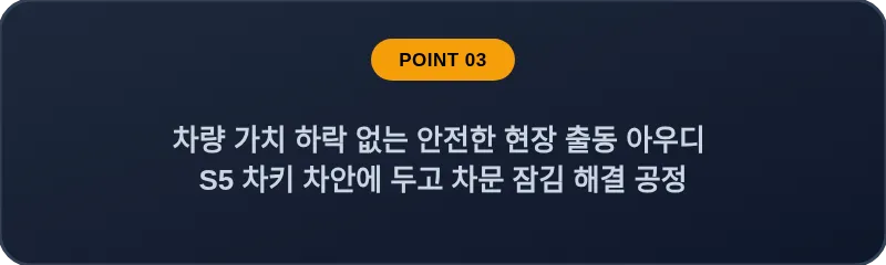 차량 가치 하락 없는 안전한 현장 출동 아우디 S5 차키 차안에 두고 차문 잠김 해결 공정