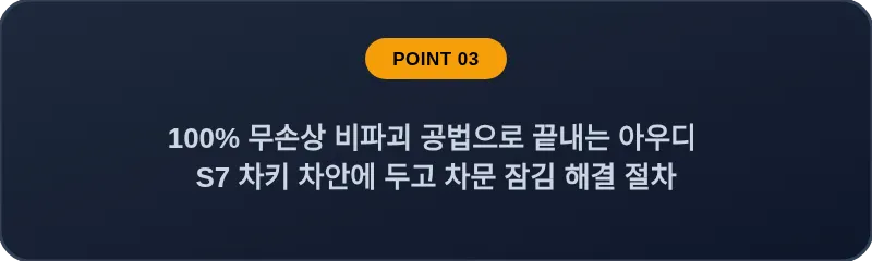 100% 무손상 비파괴 공법으로 끝내는 아우디 S7 차키 차안에 두고 차문 잠김 해결 절차