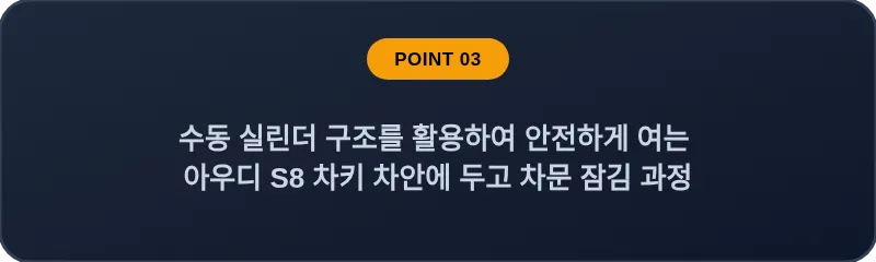 수동 실린더 구조를 활용하여 안전하게 여는 아우디 S8 차키 차안에 두고 차문 잠김 과정
