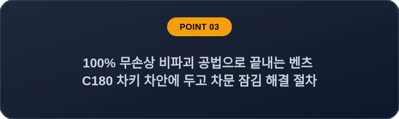 100% 무손상 비파괴 공법으로 끝내는 벤츠 C180 차키 차안에 두고 차문 잠김 해결 절차