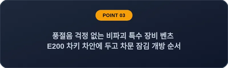 풍절음 걱정 없는 비파괴 특수 장비 벤츠 E200 차키 차안에 두고 차문 잠김 개방 순서