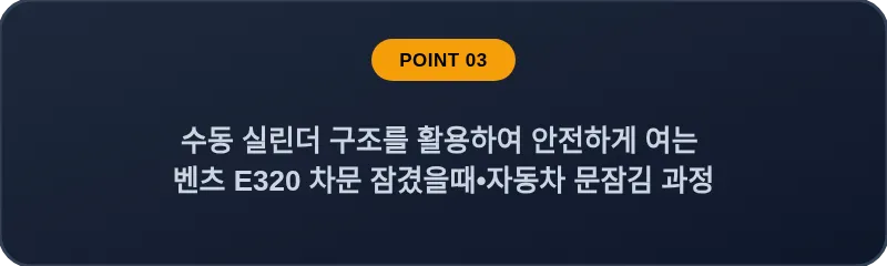 수동 실린더 구조를 활용하여 안전하게 여는 벤츠 E320 차문 잠겼을때 자동차 문잠김 과정