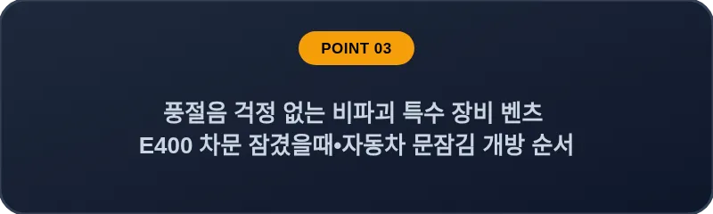 풍절음 걱정 없는 비파괴 특수 장비 벤츠 E400 차문 잠겼을때 자동차 문잠김 개방 순서