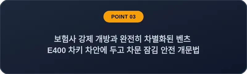 보험사 강제 개방과 완전히 차별화된 벤츠 E400 차키 차안에 두고 차문 잠김 안전 개문법