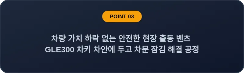 차량 가치 하락 없는 안전한 현장 출동 벤츠 GLE300 차키 차안에 두고 차문 잠김 해결 공정