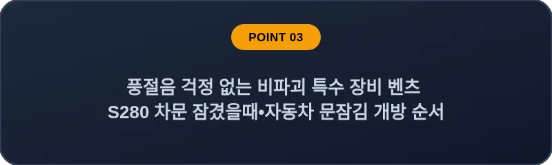 풍절음 걱정 없는 비파괴 특수 장비 벤츠 S280 차문 잠겼을때 자동차 문잠김 개방 순서