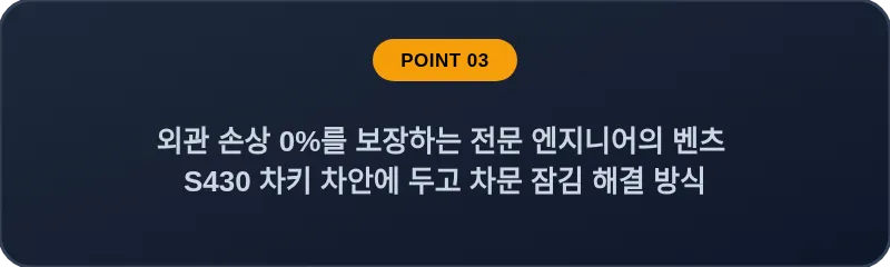 외관 손상 0%를 보장하는 전문 엔지니어의 벤츠 S430 차키 차안에 두고 차문 잠김 해결 방식