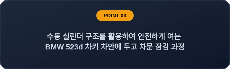 수동 실린더 구조를 활용하여 안전하게 여는 BMW 523d 차키 차안에 두고 차문 잠김 과정