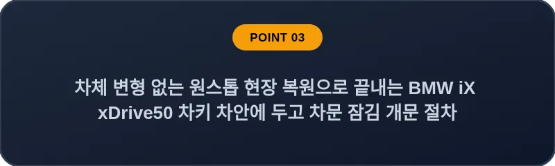 차체 변형 없는 원스톱 현장 복원으로 끝내는 BMW iX xDrive50 차키 차안에 두고 차문 잠김 개문 절차