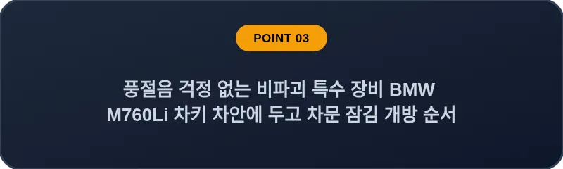 풍절음 걱정 없는 비파괴 특수 장비 BMW M760Li 차키 차안에 두고 차문 잠김 개방 순서