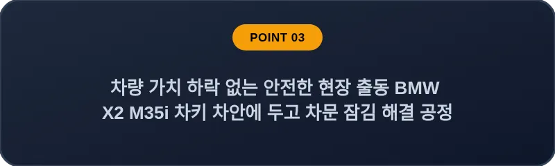 차량 가치 하락 없는 안전한 현장 출동 BMW X2 M35i 차키 차안에 두고 차문 잠김 해결 공정