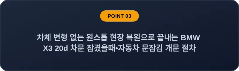 차체 변형 없는 원스톱 현장 복원으로 끝내는 BMW X3 20d 차문 잠겼을때 자동차 문잠김 개문 절차