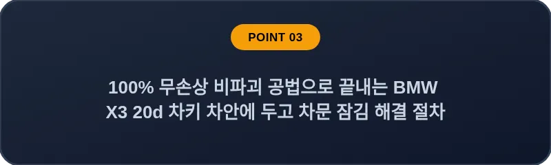 100% 무손상 비파괴 공법으로 끝내는 BMW X3 20d 차키 차안에 두고 차문 잠김 해결 절차