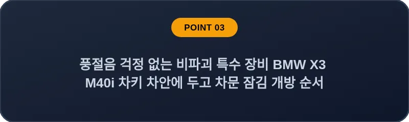풍절음 걱정 없는 비파괴 특수 장비 BMW X3 M40i 차키 차안에 두고 차문 잠김 개방 순서