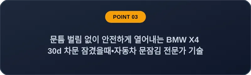 문틈 벌림 없이 안전하게 열어내는 BMW X4 30d 차문 잠겼을때 자동차 문잠김 전문가 기술