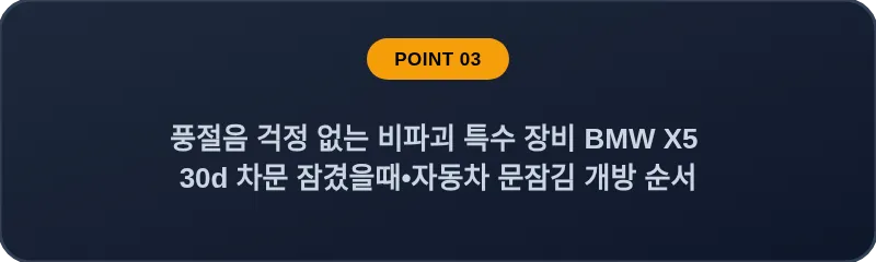 풍절음 걱정 없는 비파괴 특수 장비 BMW X5 30d 차문 잠겼을때 자동차 문잠김 개방 순서