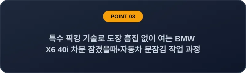 특수 픽킹 기술로 도장 흠집 없이 여는 BMW X6 40i 차문 잠겼을때 자동차 문잠김 작업 과정