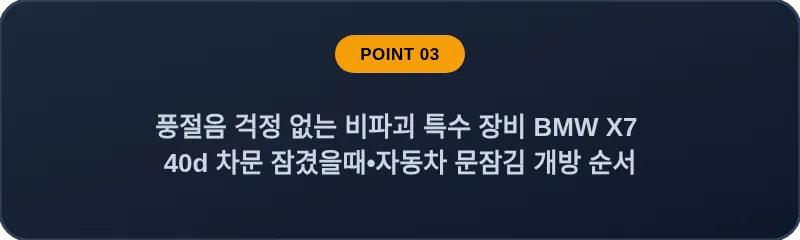 풍절음 걱정 없는 비파괴 특수 장비 BMW X7 40d 차문 잠겼을때 자동차 문잠김 개방 순서