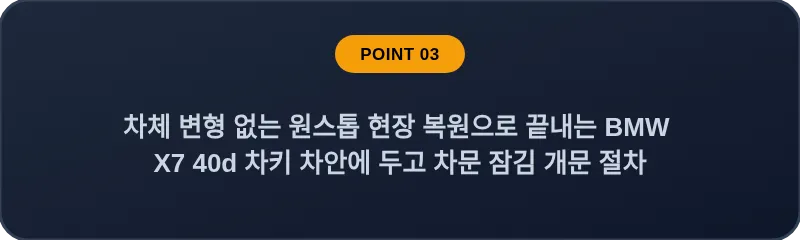 차체 변형 없는 원스톱 현장 복원으로 끝내는 BMW X7 40d 차키 차안에 두고 차문 잠김 개문 절차