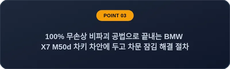 100% 무손상 비파괴 공법으로 끝내는 BMW X7 M50d 차키 차안에 두고 차문 잠김 해결 절차