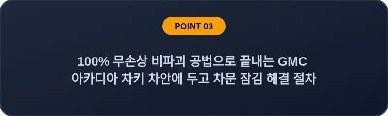 100% 무손상 비파괴 공법으로 끝내는 GMC 아카디아 차키 차안에 두고 차문 잠김 해결 절차