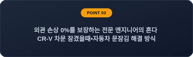 외관 손상 0%를 보장하는 전문 엔지니어의 혼다 CR-V 차문 잠겼을때 자동차 문잠김 해결 방식