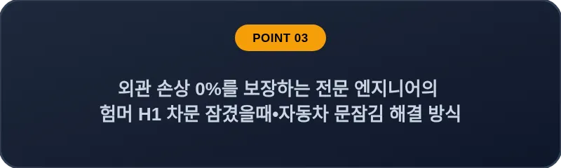 외관 손상 0%를 보장하는 전문 엔지니어의 험머 H1 차문 잠겼을때 자동차 문잠김 해결 방식