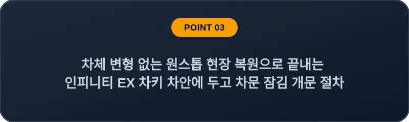 차체 변형 없는 원스톱 현장 복원으로 끝내는 인피니티 EX 차키 차안에 두고 차문 잠김 개문 절차