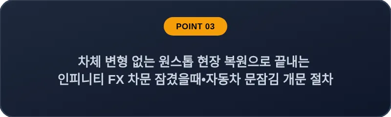 차체 변형 없는 원스톱 현장 복원으로 끝내는 인피니티 FX 차문 잠겼을때•자동차 문잠김 개문 절차