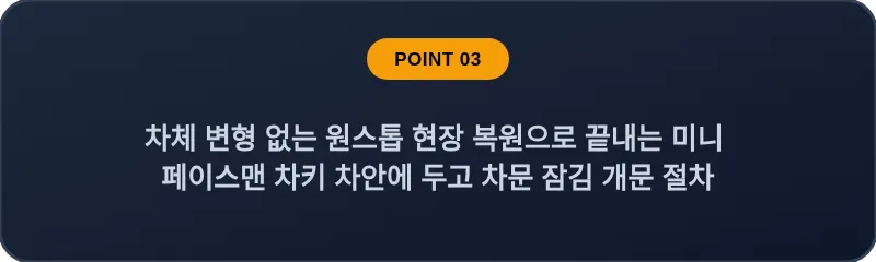 차체 변형 없는 원스톱 현장 복원으로 끝내는 미니 페이스맨 차키 차안에 두고 차문 잠김 개문 절차