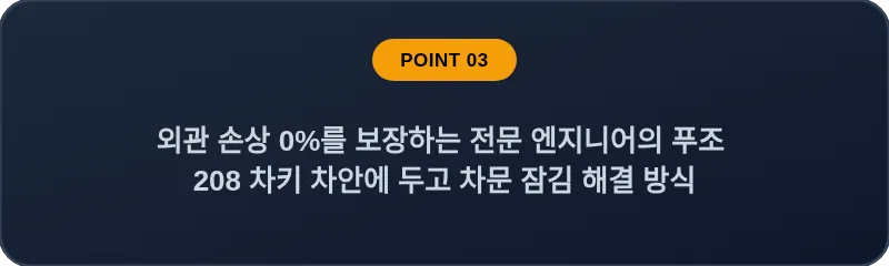 외관 손상 0%를 보장하는 전문 엔지니어의 푸조 208 차키 차안에 두고 차문 잠김 해결 방식