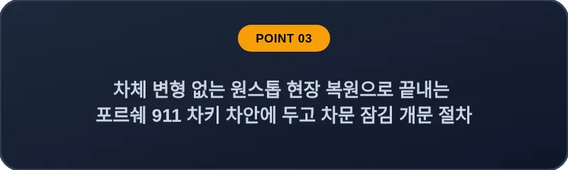 차체 변형 없는 원스톱 현장 복원으로 끝내는 포르쉐 911 차키 차안에 두고 차문 잠김 개문 절차