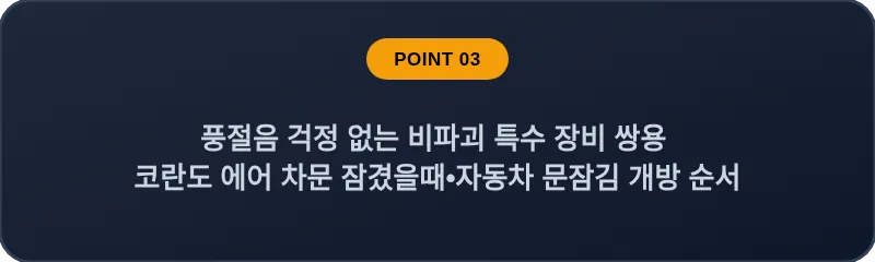 풍절음 걱정 없는 비파괴 특수 장비 쌍용 코란도 에어 차문 잠겼을때 자동차 문잠김 개방 순서