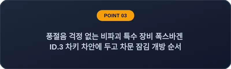 풍절음 걱정 없는 비파괴 특수 장비 폭스바겐 ID.3 차키 차안에 두고 차문 잠김 개방 순서