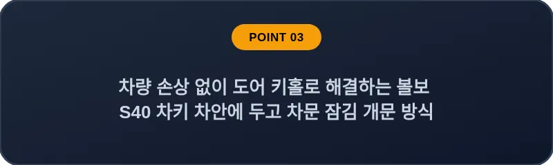 차량 손상 없이 도어 키홀로 해결하는 볼보 S40 차키 차안에 두고 차문 잠김 개문 방식