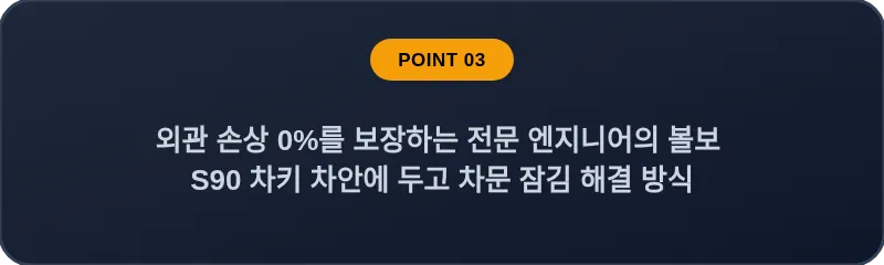 외관 손상 0%를 보장하는 전문 엔지니어의 볼보 S90 차키 차안에 두고 차문 잠김 해결 방식