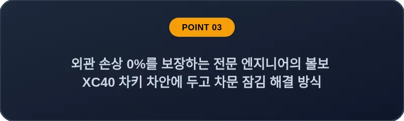 외관 손상 0%를 보장하는 전문 엔지니어의 볼보 XC40 차키 차안에 두고 차문 잠김 해결 방식